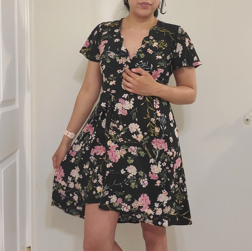 Black Floral Wrap High Low Dress w Sleeves
